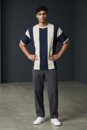 Boys Regular Fit Round Neck Stripe T-Shirt Black/White color Stripes